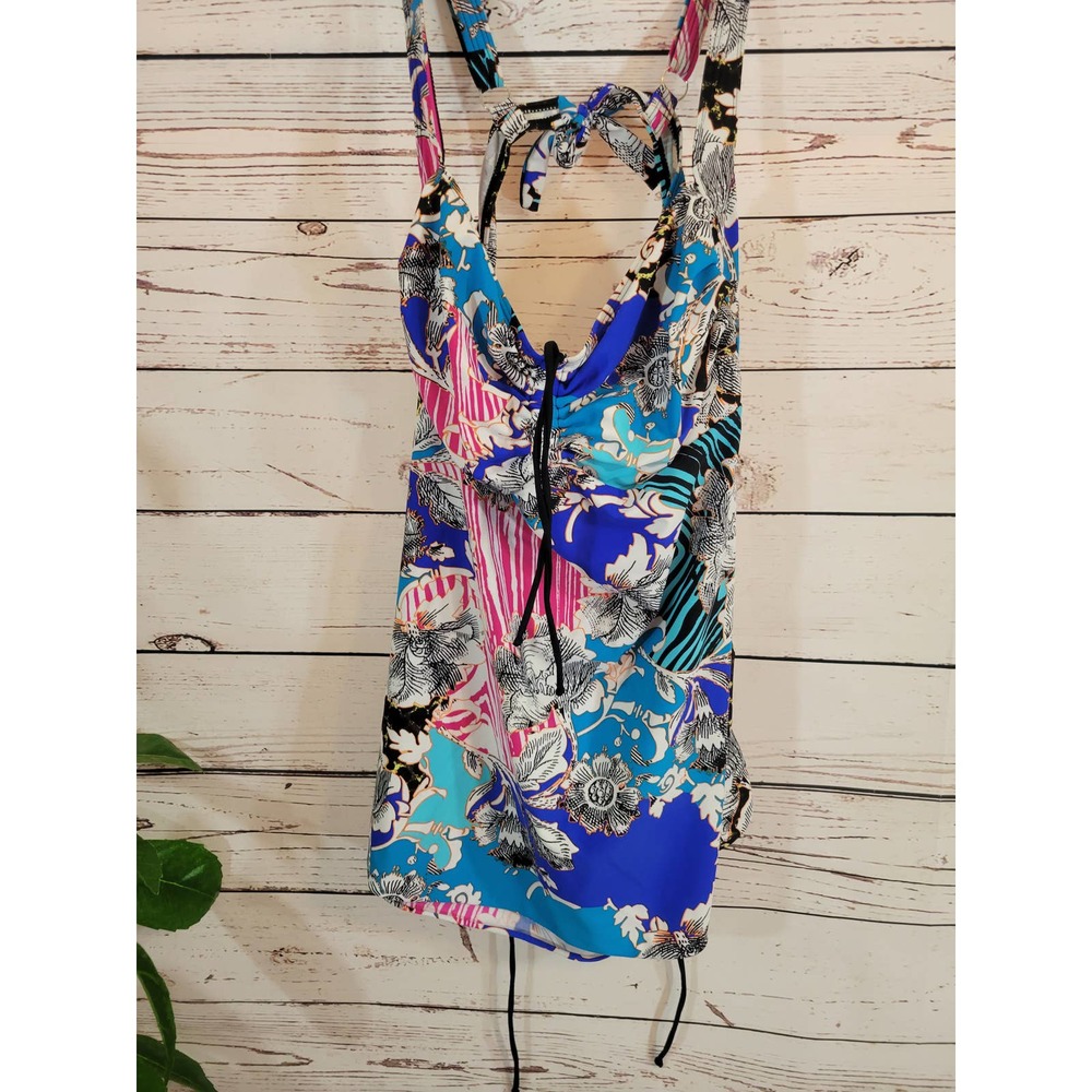 Tankini Swim Top Plus Size 5XL Multicolor Floral Tie Front Swim blues & …